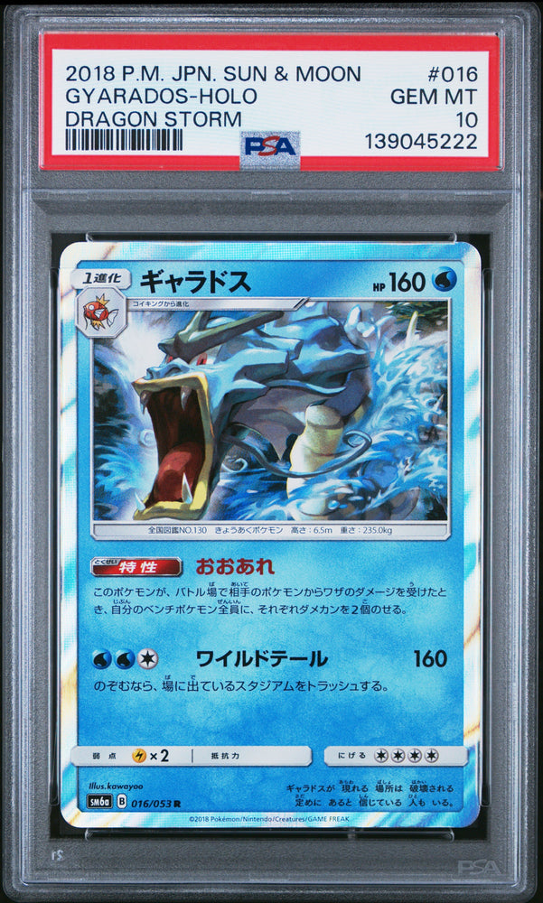Graded 2018 PKM Japanese Sun & Moon SM6a Gyarados-Holo #016 Dragon Storm Trading Card Game PSA 10 Gem Mint (ONLINE ORDER ONLY)