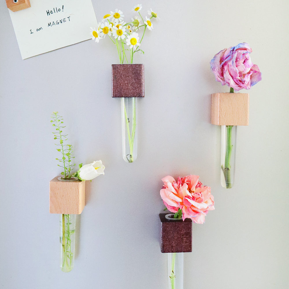 Mini Vase Magnets – Set of 2 – Beech & Walnut Wood – Decorative Fridge Magnets for Small Flowers or Greenery (ONLINE ORDER ONLY)