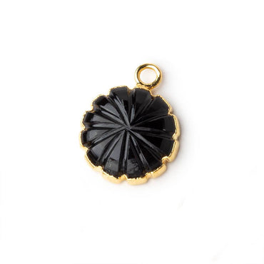 13mm 22kt Gold Leafed Black Chalcedony carved floral coin Pendant 1 focal bead (ONLINE ORDER ONLY)