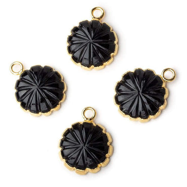 13mm 22kt Gold Leafed Black Chalcedony carved floral coin Pendant 1 focal bead (ONLINE ORDER ONLY)