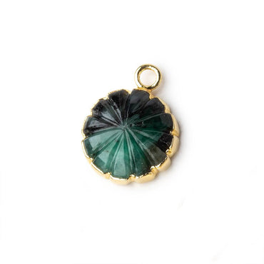 13mm 22kt Gold Leafed Brazilian Emerald carved floral coin Pendant 1 focal bead (ONLINE ORDER ONLY)