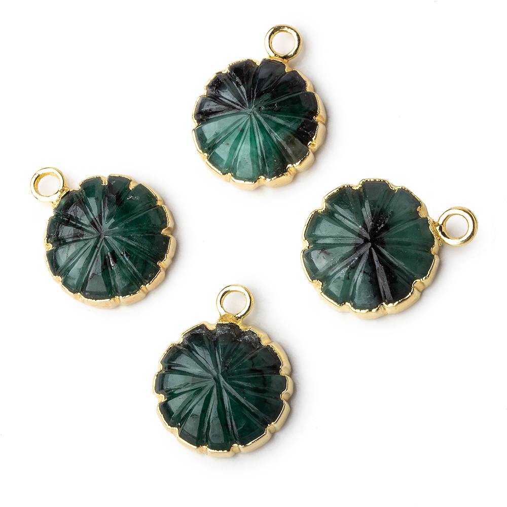13mm 22kt Gold Leafed Brazilian Emerald carved floral coin Pendant 1 focal bead (ONLINE ORDER ONLY)
