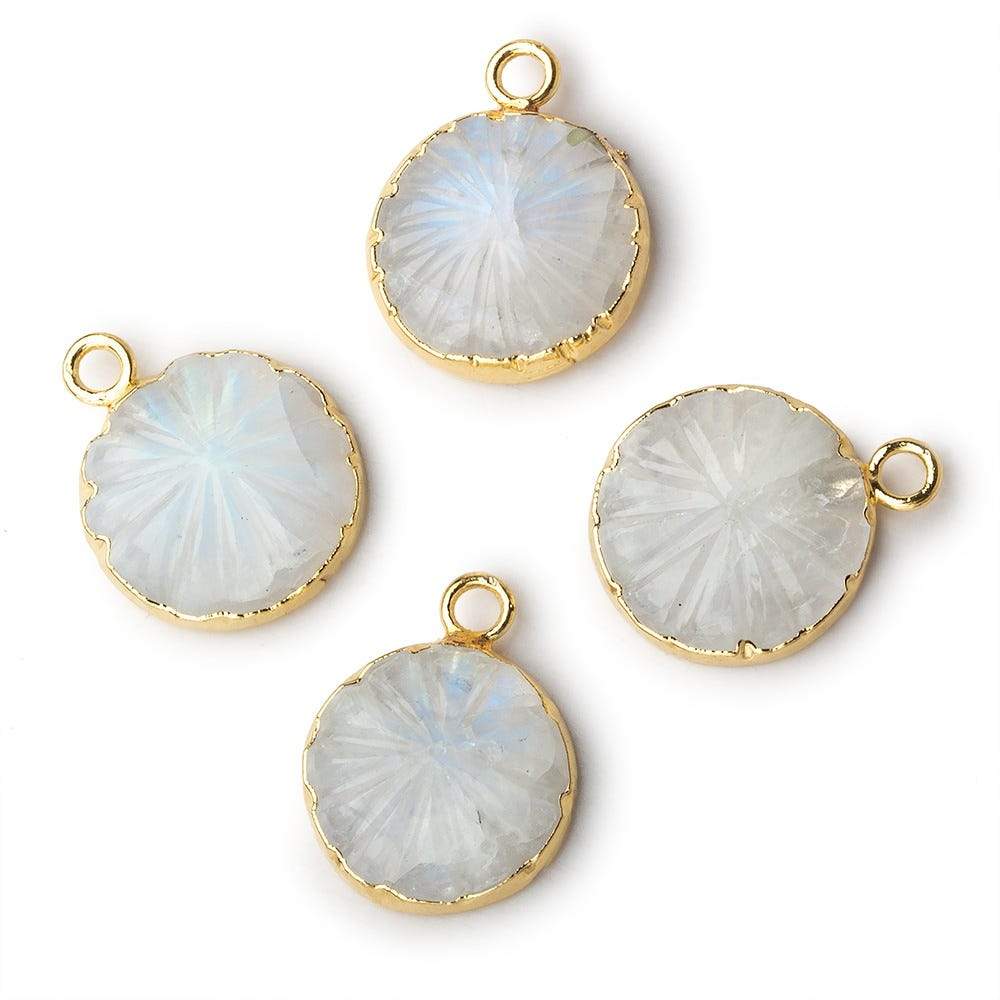 13mm 22kt Gold Leafed Rainbow Moonstone carved floral coin Pendant 1 focal bead (ONLINE ORDER ONLY)