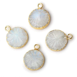 13mm 22kt Gold Leafed Rainbow Moonstone carved floral coin Pendant 1 focal bead (ONLINE ORDER ONLY)