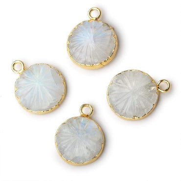 13mm 22kt Gold Leafed Rainbow Moonstone carved floral coin Pendant 1 focal bead (ONLINE ORDER ONLY)