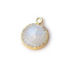 13mm 22kt Gold Leafed Rainbow Moonstone carved floral coin Pendant 1 focal bead (ONLINE ORDER ONLY)