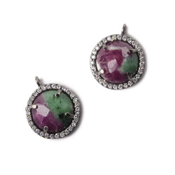 13mm Black Gold Bezel White CZ and Ruby in Zoisite Coin Pendant 1 focal bead (ONLINE ORDER ONLY)