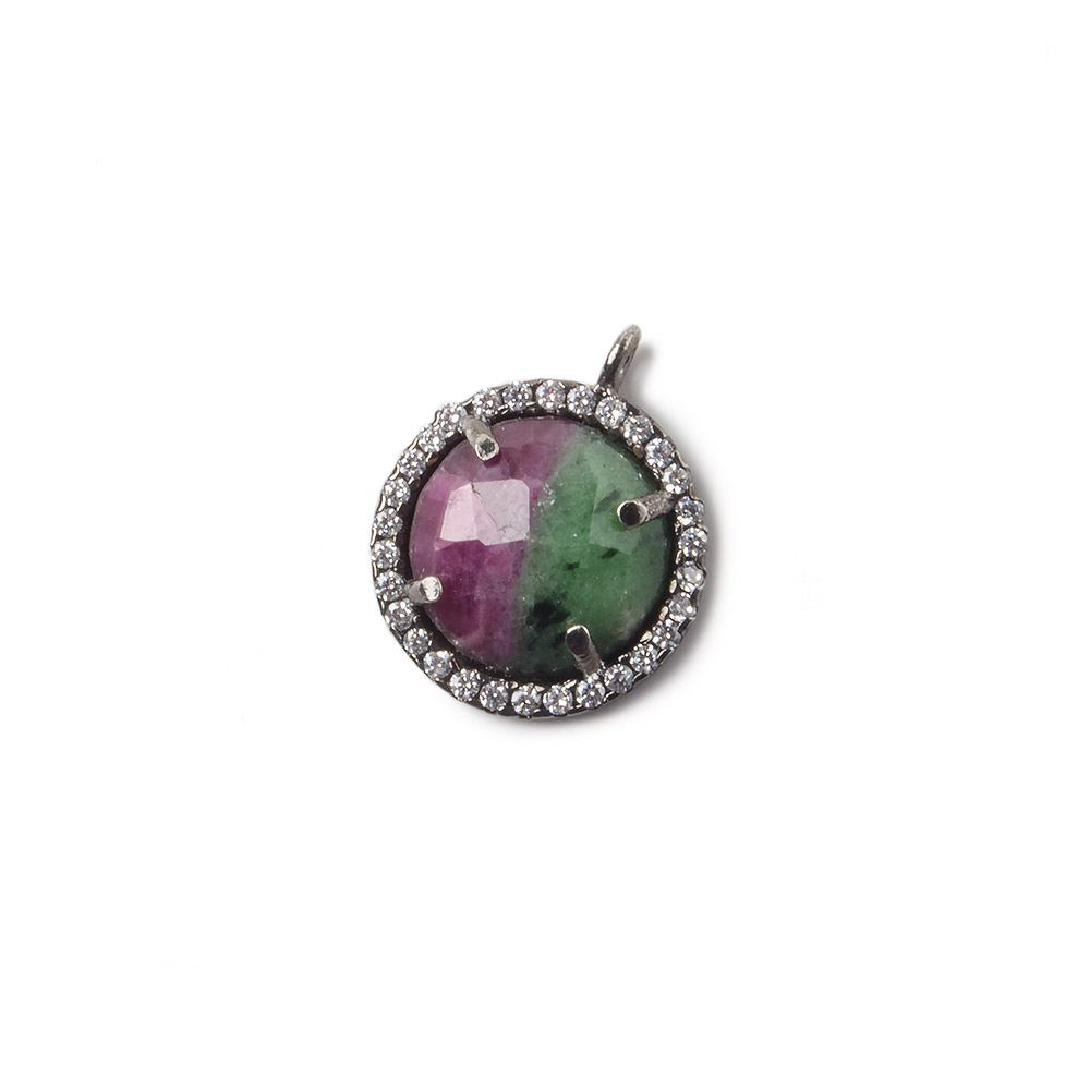 13mm Black Gold Bezel White CZ and Ruby in Zoisite Coin Pendant 1 focal bead (ONLINE ORDER ONLY)