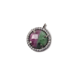 13mm Black Gold Bezel White CZ and Ruby in Zoisite Coin Pendant 1 focal bead (ONLINE ORDER ONLY)