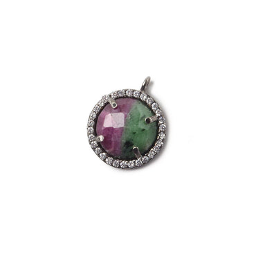 13mm Black Gold Bezel White CZ and Ruby in Zoisite Coin Pendant 1 focal bead (ONLINE ORDER ONLY)