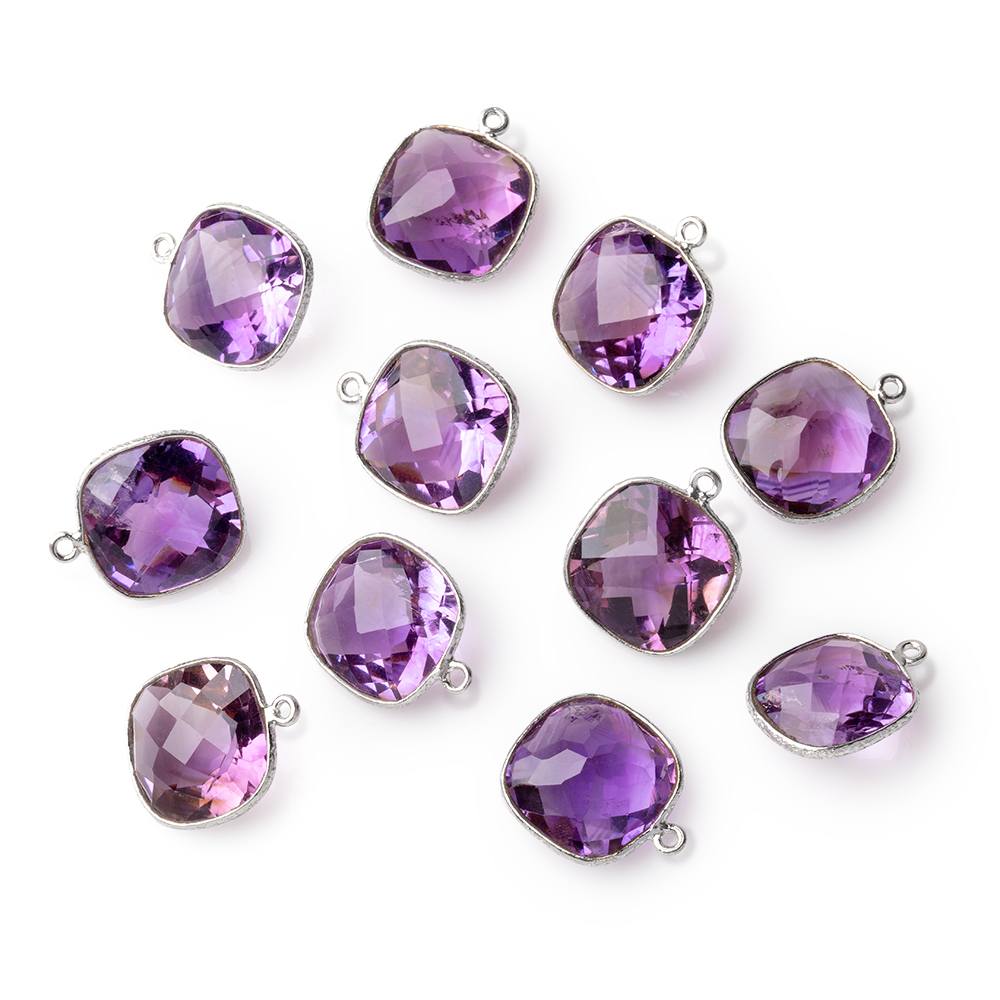 13mm Sterling Silver Textured Bezel Amethyst Pavilion Faceted Cushion 1 Pendant