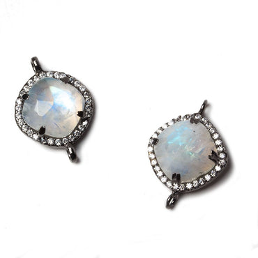 13x13mm Black Gold Bezeled White CZ and Rainbow Moonstone Pillow Connector 1 piece (ONLINE ORDER ONLY)