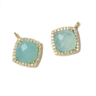 13x13mm Gold Bezeled White CZ and Aqua Chalcedony Pillow Pendant 1 piece (ONLINE ORDER ONLY)