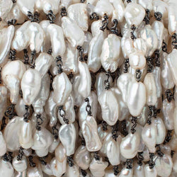 13x7mm Off White Biwa Pearls on Black Gold .925 Chain by the Foot 15 pieces (ONLINE ORDER ONLY)