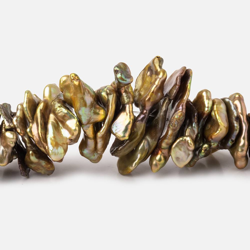 14-30mm Golden Green Center Drilled Keshi Freshwater Pearls 16 inch 122 pieces (ONLINE ORDER ONLY)