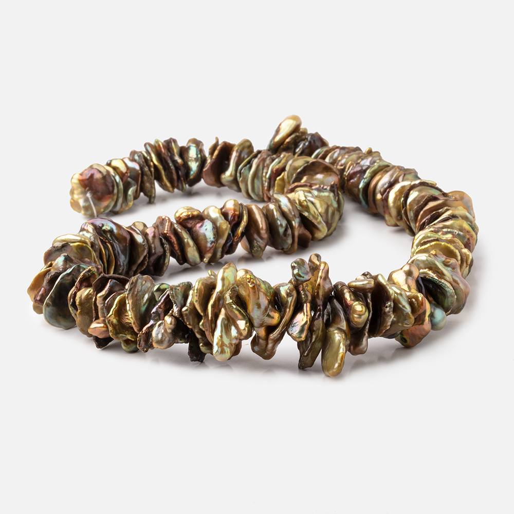 14-30mm Golden Green Center Drilled Keshi Freshwater Pearls 16 inch 122 pieces (ONLINE ORDER ONLY)