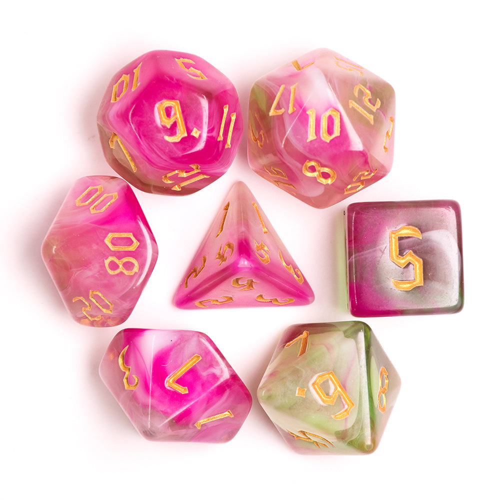 Superbloom 7-Dice Dnd Dice Pink | Green w/Gold Numbers Set (Online Only)