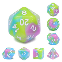 Childhood Pink/Blue/Green/Yellow Blend with White Numbering 7-Dice Set RPG (Online Only)