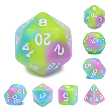 Childhood Pink/Blue/Green/Yellow Blend with White Numbering 7-Dice Set RPG (Online Only)