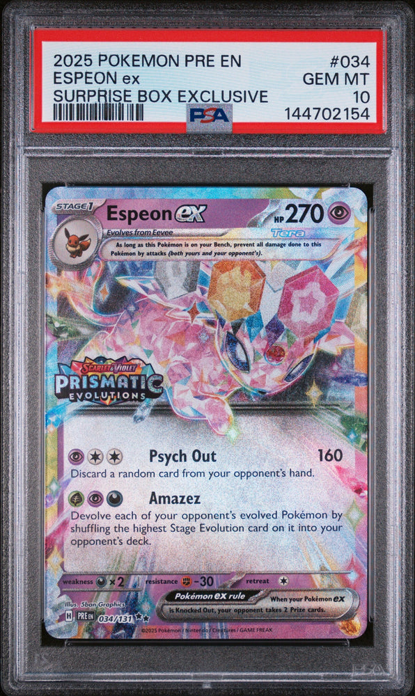 Graded 2025 PKM PRE EN Espeon Ex #034 Surprise Box Exclusive SBE Prismatic Evolutions Trading Card Game PSA 10 Gem Mint