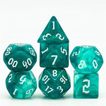 Blue-Green Glitter Party Dice (White font) 7-Dice Set RPG DND (Online Only)