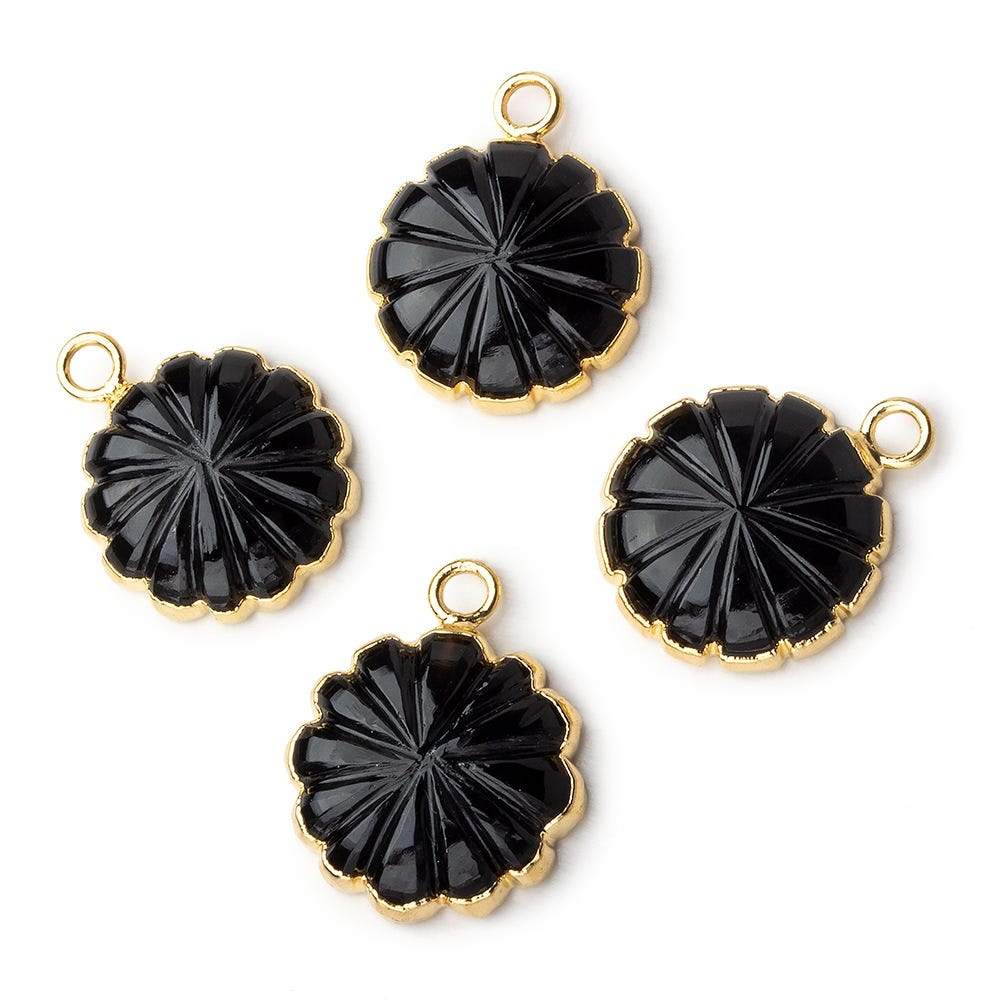 14mm 22kt Gold Leafed Black Chalcedony carved floral coin Pendant 1 focal bead (ONLINE ORDER ONLY)