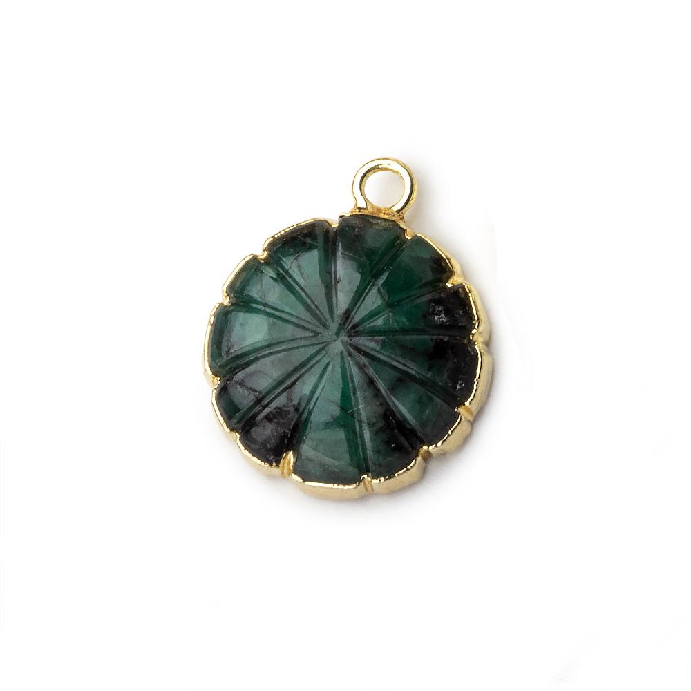 14mm 22kt Gold Leafed Brazilian Emerald carved floral coin Pendant 1 focal bead (ONLINE ORDER ONLY)