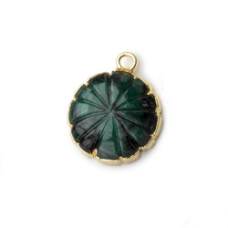 14mm 22kt Gold Leafed Brazilian Emerald carved floral coin Pendant 1 focal bead (ONLINE ORDER ONLY)