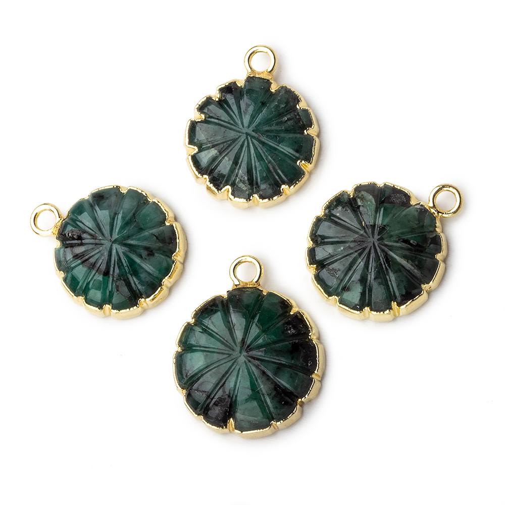 14mm 22kt Gold Leafed Brazilian Emerald carved floral coin Pendant 1 focal bead (ONLINE ORDER ONLY)