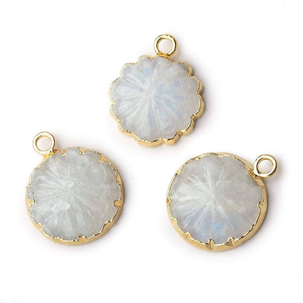 14mm 22kt Gold Leafed Rainbow Moonstone carved floral coin Pendant 1 focal bead (ONLINE ORDER ONLY)