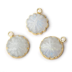 14mm 22kt Gold Leafed Rainbow Moonstone carved floral coin Pendant 1 focal bead (ONLINE ORDER ONLY)