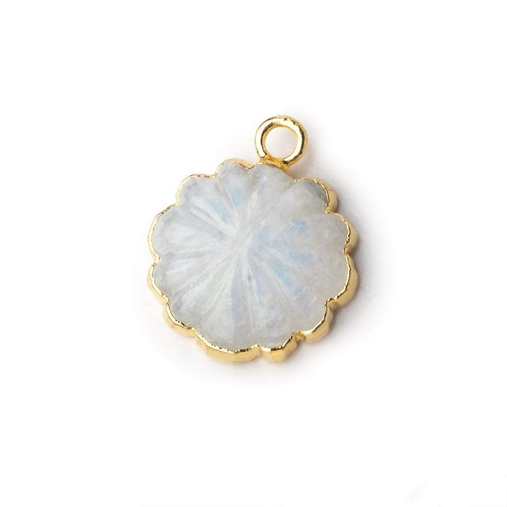 14mm 22kt Gold Leafed Rainbow Moonstone carved floral coin Pendant 1 focal bead (ONLINE ORDER ONLY)