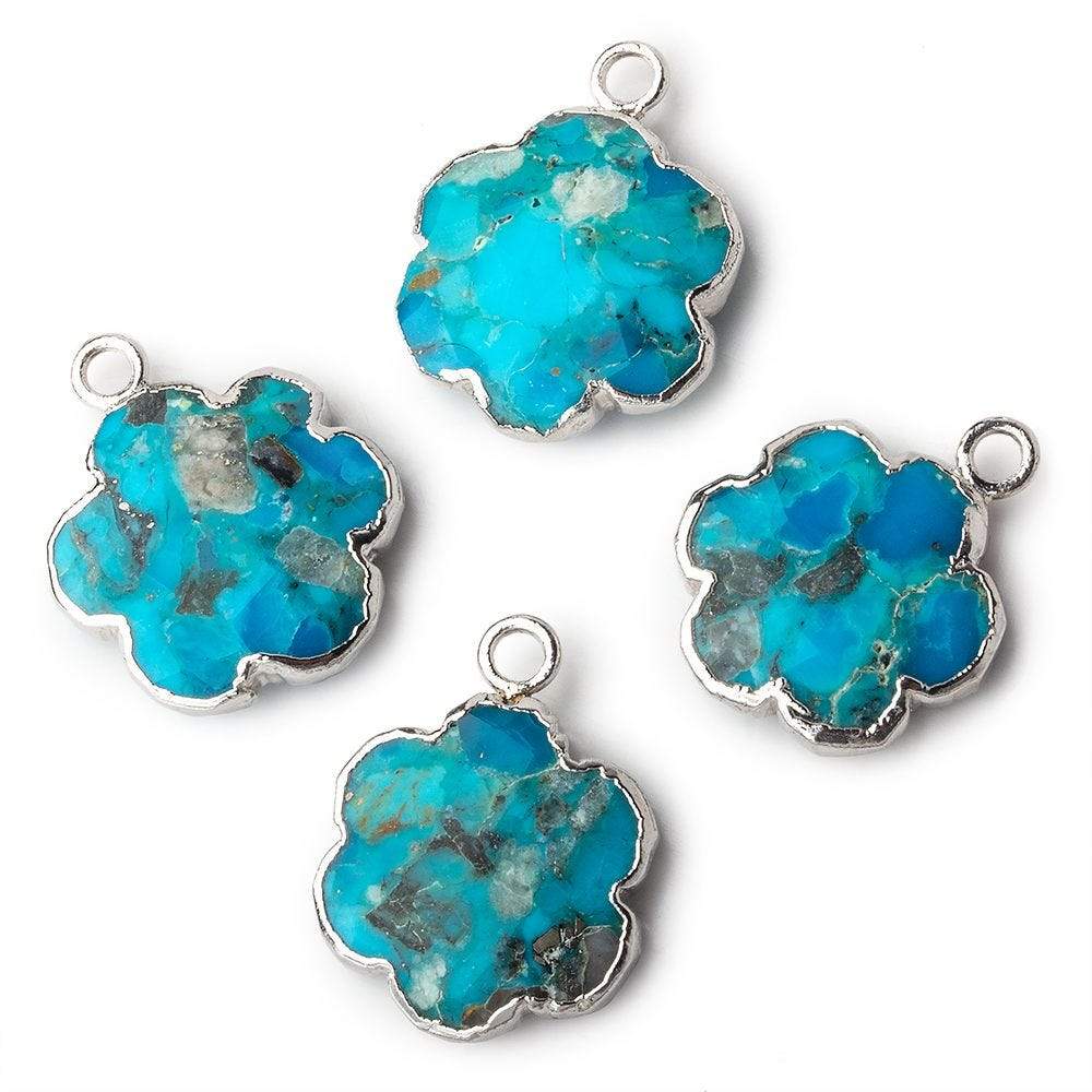 14mm Silver Leafed Enhanced Turquoise Faceted Quatrafoil Focal Bead Pendant sold as 1 piece (ONLINE ORDER ONLY)