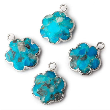 14mm Silver Leafed Enhanced Turquoise Faceted Quatrafoil Focal Bead Pendant sold as 1 piece (ONLINE ORDER ONLY)