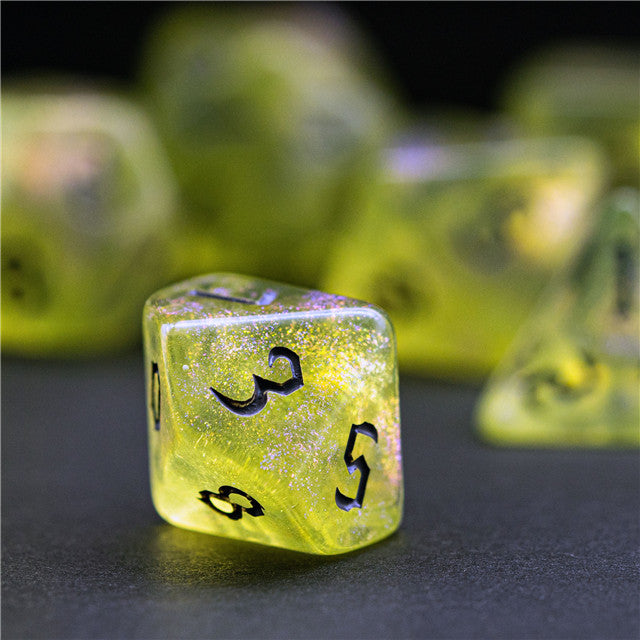 Yellow Glitter Party Glitter Dice (Silver font) 7-Dice Set RPG DND (Online Only)