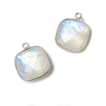 15.5mm Silver Bezel Rainbow Moonstone faceted cushion Pendant 1 piece (ONLINE ORDER ONLY)