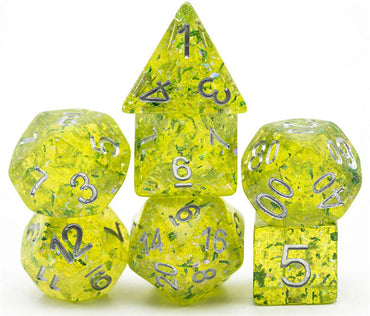 Green Cloud Brocade Powder 7-Dice Dnd Dice | Glitter w/Silver Numbers Set (Online Only)