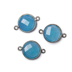 15mm Black Gold .925 Corrugated Bezel Santorini Blue Chalcedony Coin 2 ring Connector 1 pc (ONLINE ORDER ONLY)