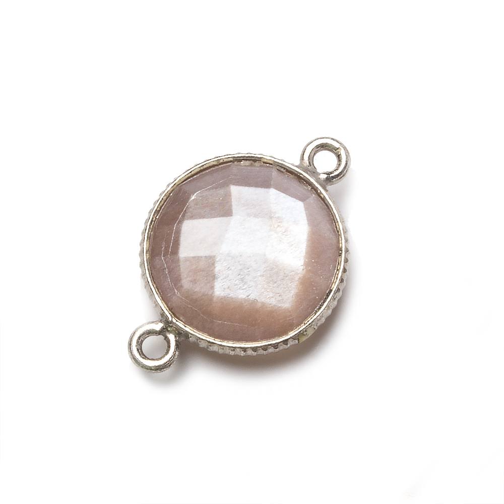 15mm Silver Corrugated Bezel Chocolate Moonstone coin 2 ring Connector 1 pc (ONLINE ORDER ONLY)