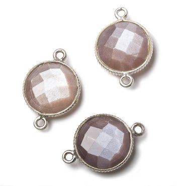 15mm Silver Corrugated Bezel Chocolate Moonstone coin 2 ring Connector 1 pc (ONLINE ORDER ONLY)