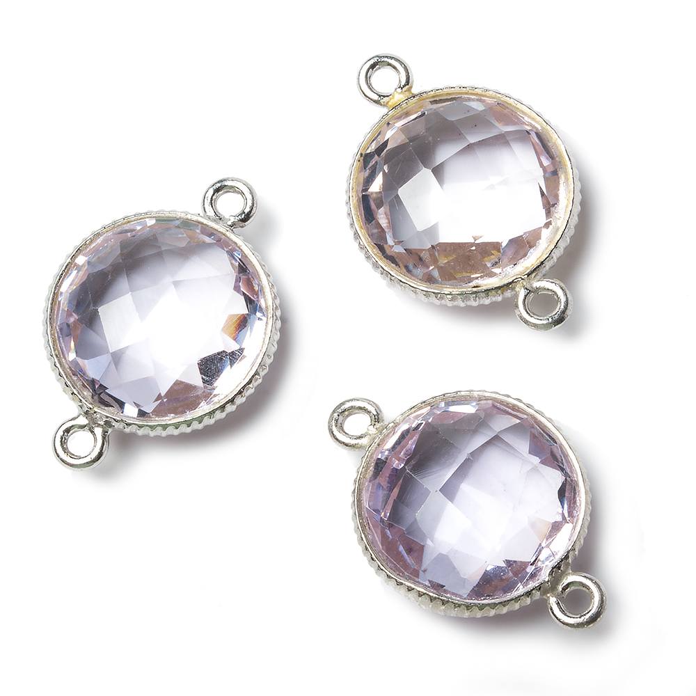 15mm Silver Corrugated Bezel Pink Amethyst coin 2 ring Connector 1 pc (ONLINE ORDER ONLY)