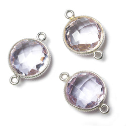 15mm Silver Corrugated Bezel Pink Amethyst coin 2 ring Connector 1 pc (ONLINE ORDER ONLY)