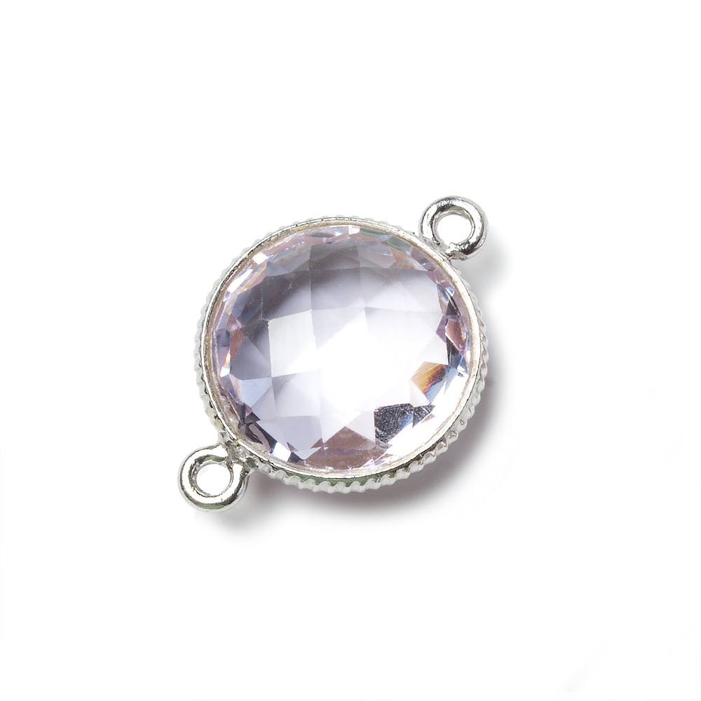 15mm Silver Corrugated Bezel Pink Amethyst coin 2 ring Connector 1 pc (ONLINE ORDER ONLY)