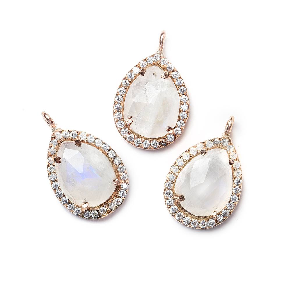 15x11mm Rose Gold Bezeled White CZ and Rainbow Moonstone Pear Pendant 1 piece (ONLINE ORDER ONLY)