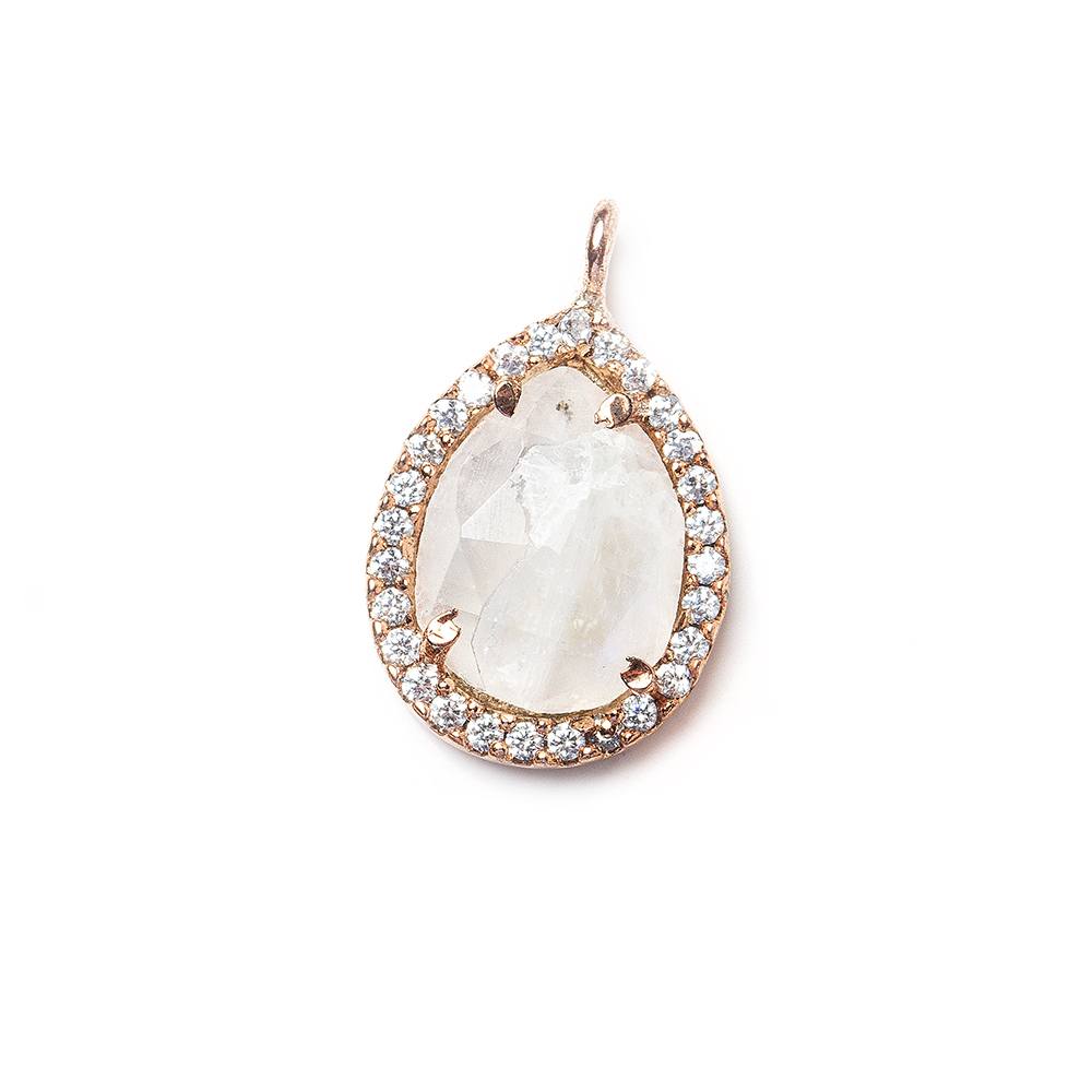 15x11mm Rose Gold Bezeled White CZ and Rainbow Moonstone Pear Pendant 1 piece (ONLINE ORDER ONLY)