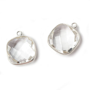 15x15mm Silver Bezeled Crystal Quartz faceted square Pendant 1 piece (ONLINE ORDER ONLY)