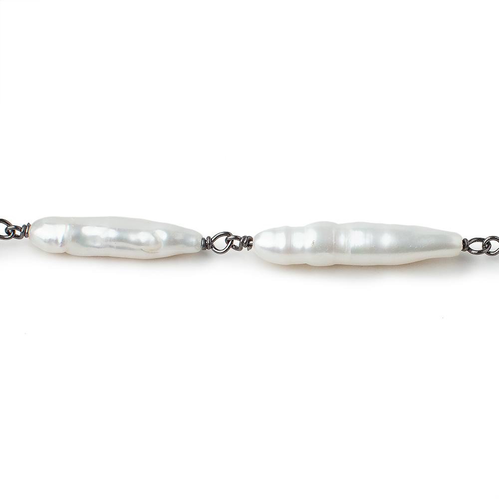 15x5-27x5mm White Biwa Pearls on Black Gold .925 Chain by the foot 10 pieces (ONLINE ORDER ONLY)