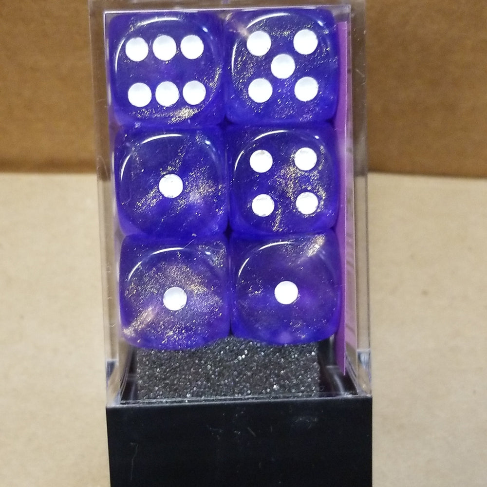 Borealis Purple/white 16mm d6 Dice Block (12 Dice) New Glitter non-Luminary (Online Only)