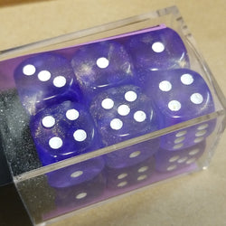 Borealis Purple/white 16mm d6 Dice Block (12 Dice) New Glitter non-Luminary (Online Only)