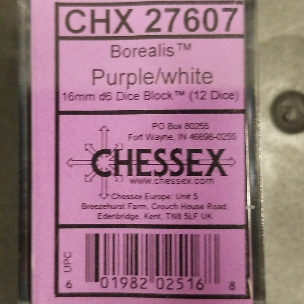 Borealis Purple/white 16mm d6 Dice Block (12 Dice) New Glitter non-Luminary (Online Only)